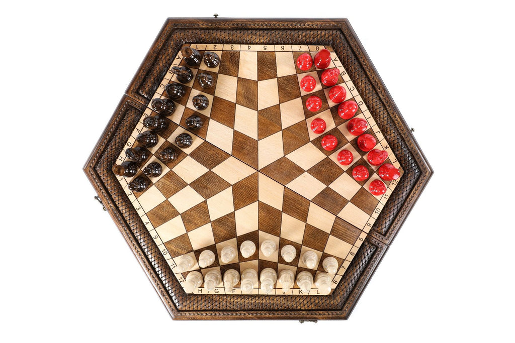 Handcrafted Armenian chess board for three players geometric style