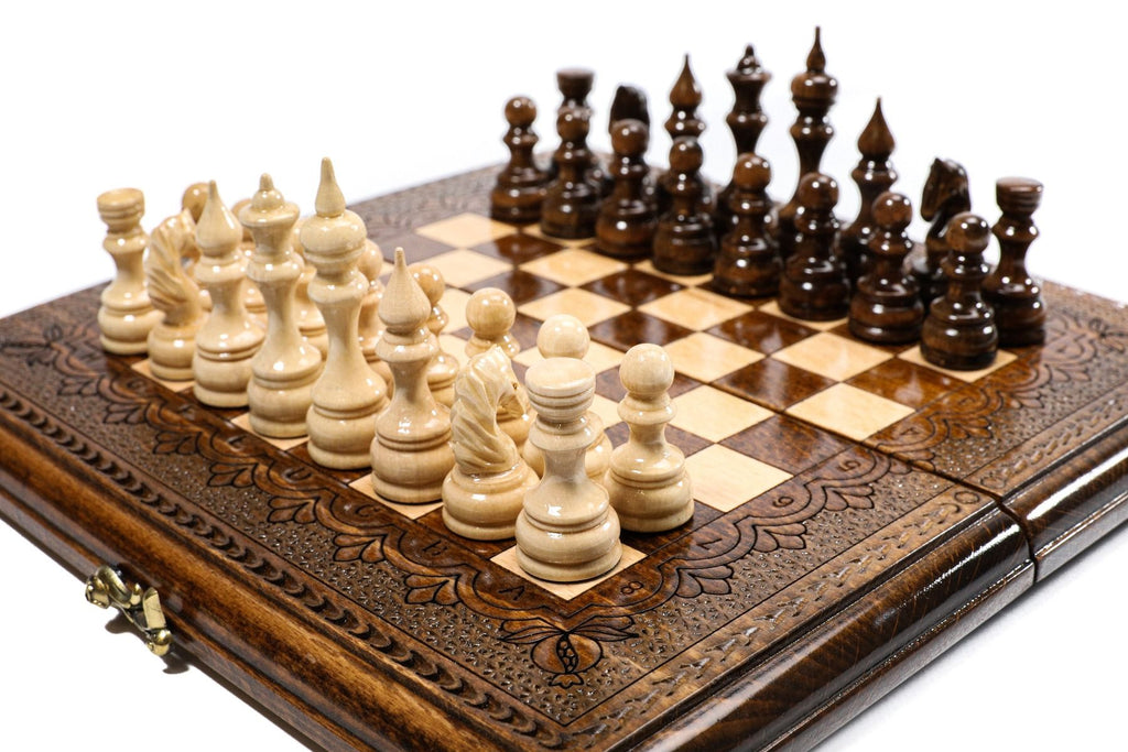 Open Armenian backgammon set displaying the smooth interior playing surface along with the dual game pieces.