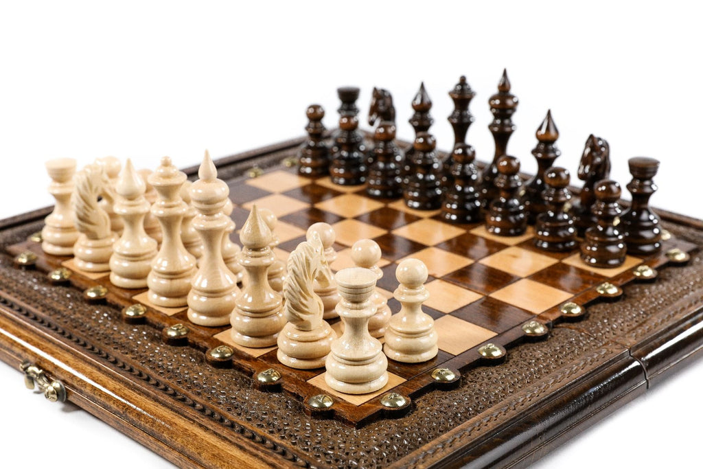 Open Armenian backgammon set revealing the smooth interior playing surface and wooden pieces.