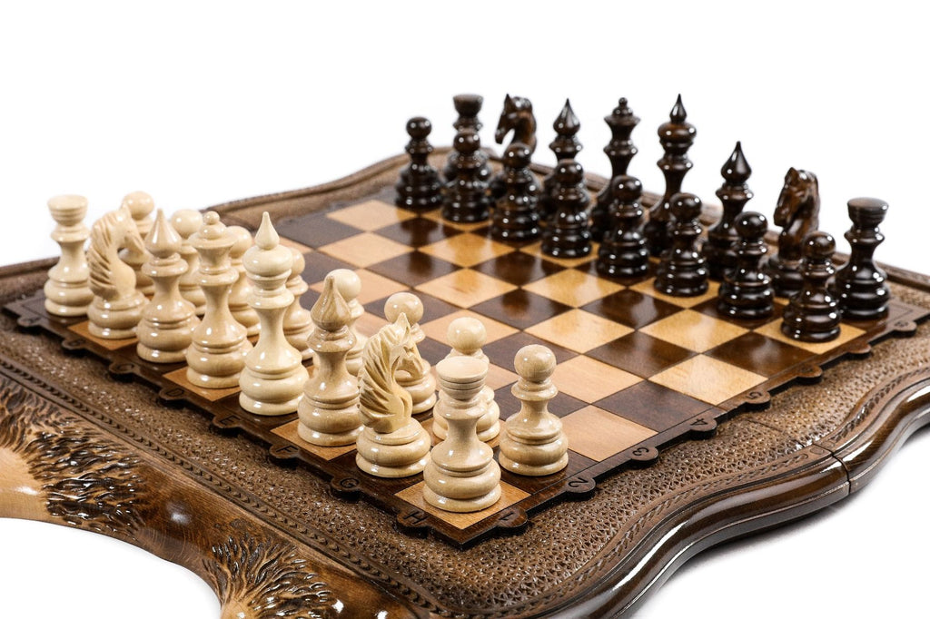 Open Armenian backgammon set displaying the smooth interior playing surface alongside chess pieces.