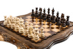 Open Armenian backgammon set displaying the smooth interior playing surface alongside chess pieces.