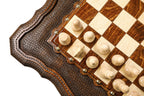 Top-down view of the wooden chessboard