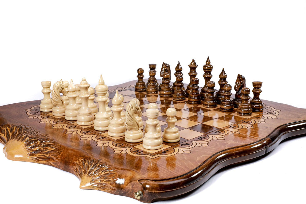 Premium luxury wooden chess board with Armenian braid artwork and Ararat outline