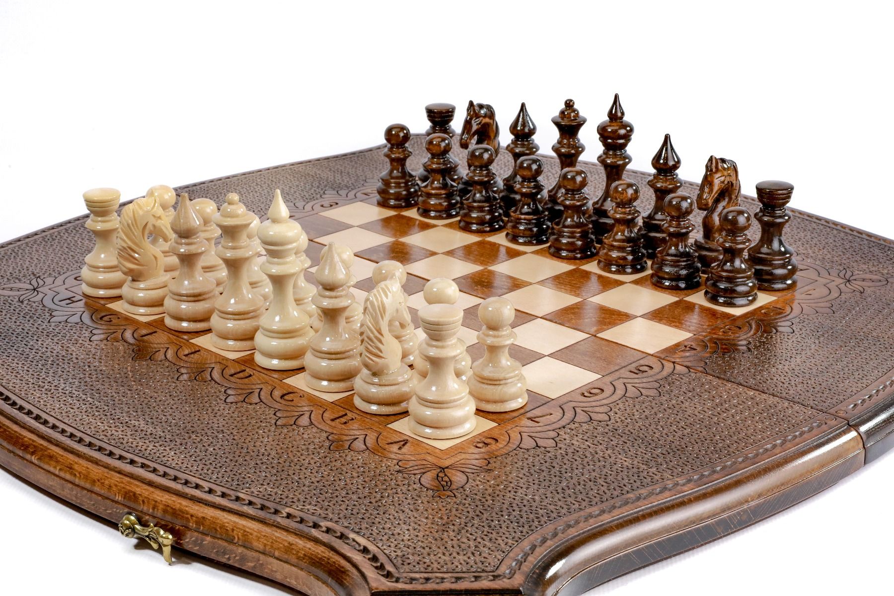 Open Armenian backgammon set displaying the smooth interior playing surface along with the dual game pieces.