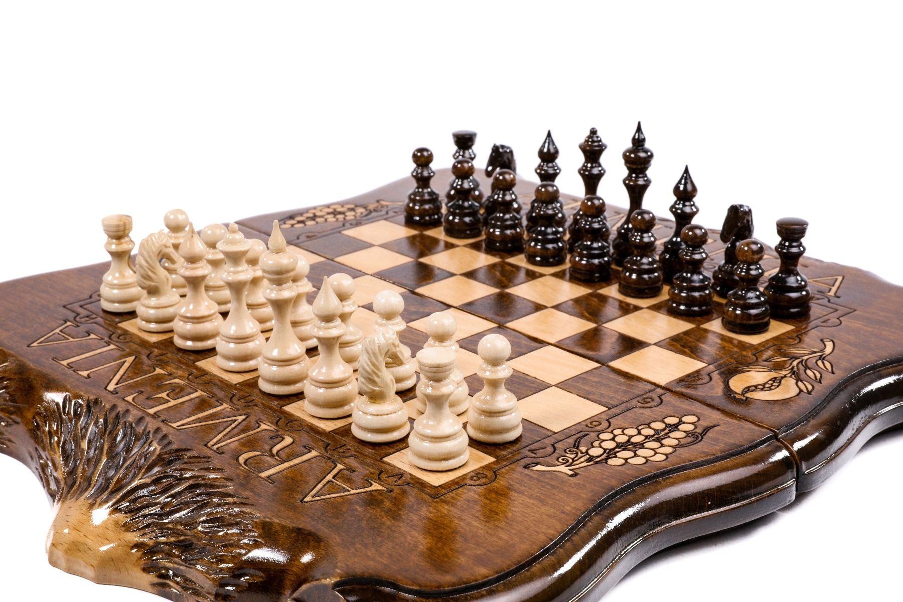 Open Armenian backgammon set displaying the smooth interior playing surface along with the dual game pieces.