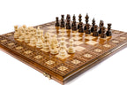 Open Armenian backgammon set displaying the smooth interior playing surface along with the dual game pieces.