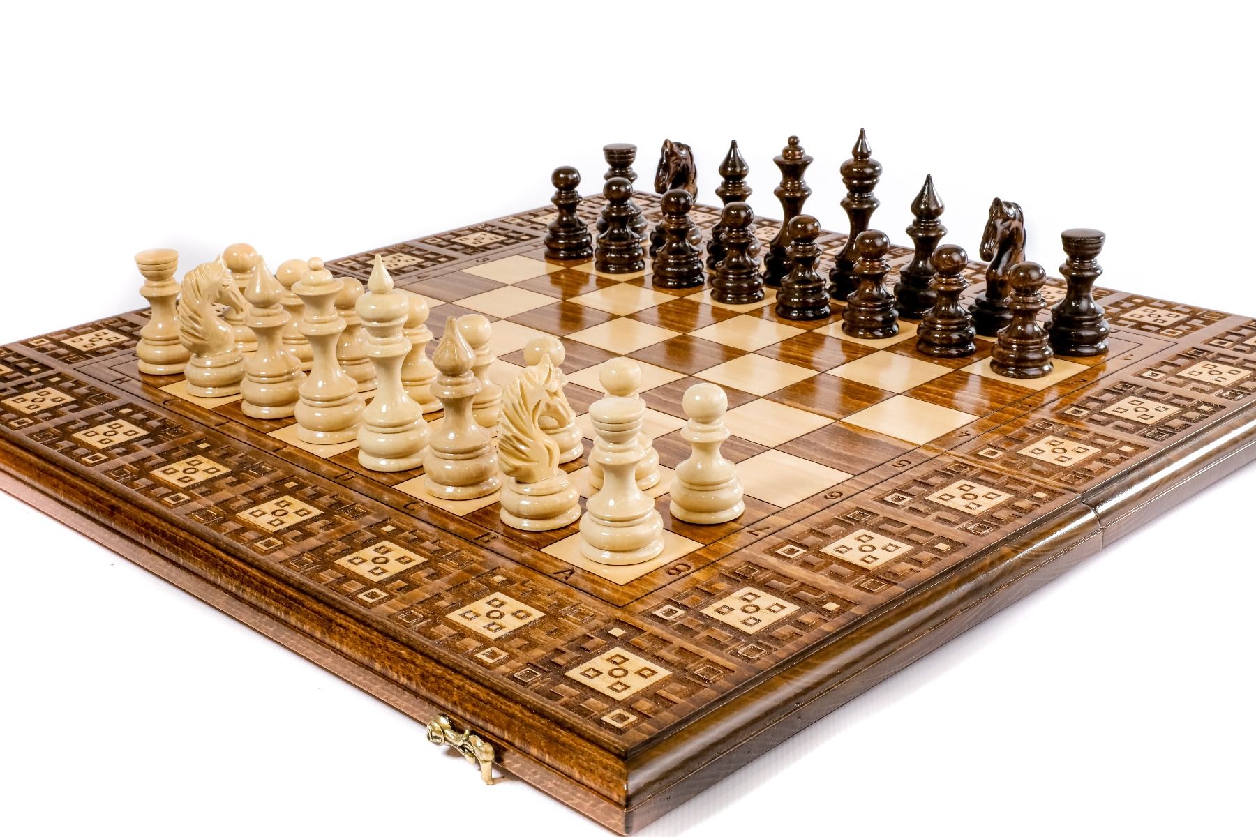 Open Armenian backgammon set displaying the smooth interior playing surface along with the dual game pieces.