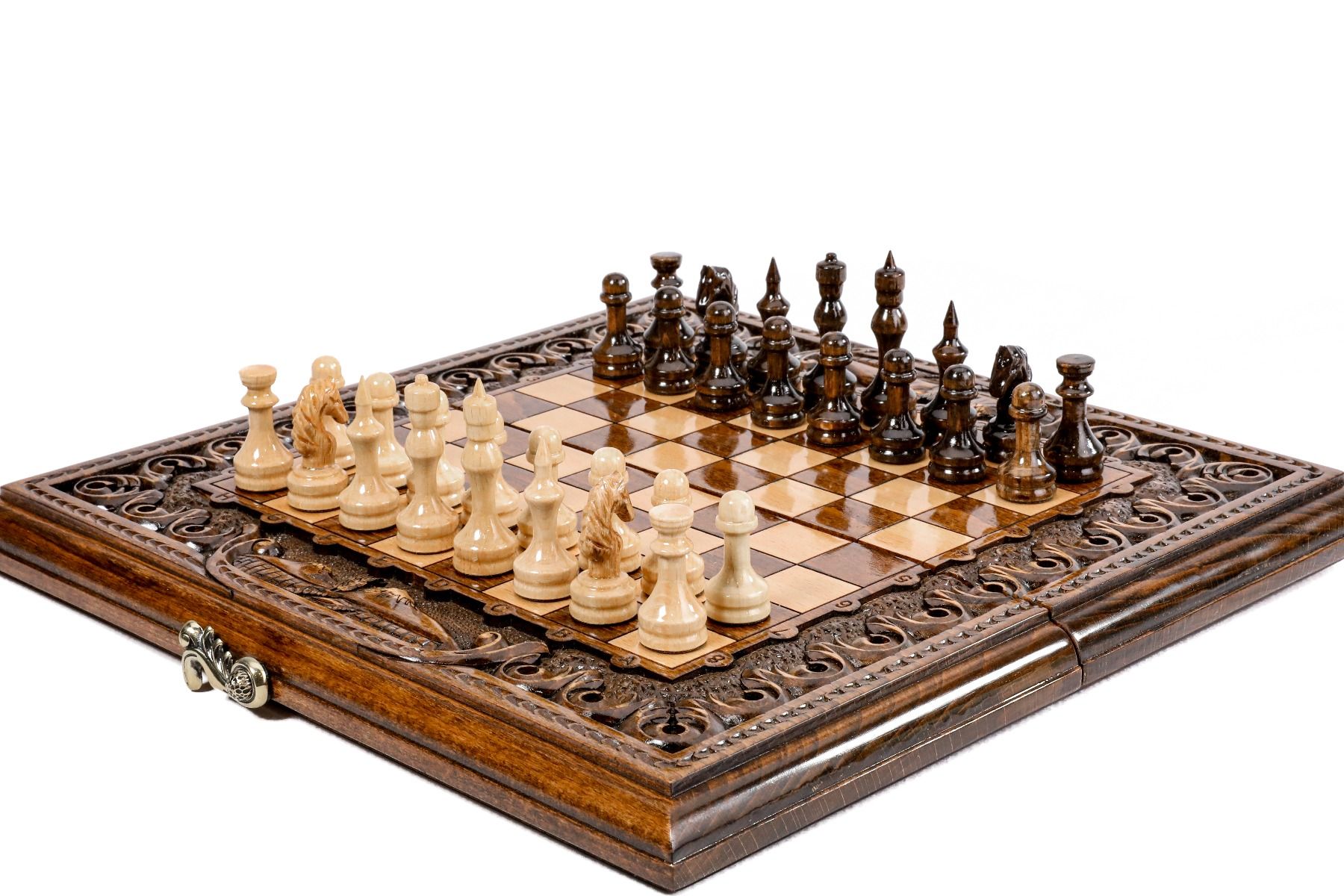 Wooden chess board featuring detailed Mount Ararat carving and cultural craftsmanship