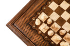 Storage drawer with medallion on the wooden chess table