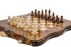 Open Armenian backgammon set displaying the smooth interior playing surface and dual game pieces.