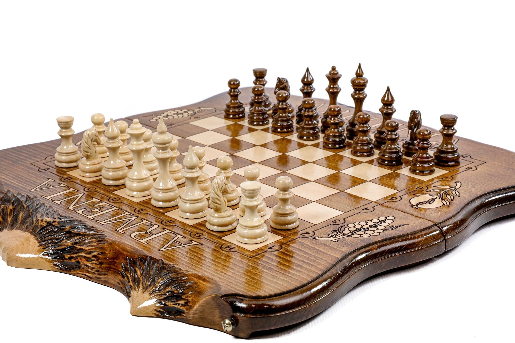 Open Armenian backgammon set displaying the smooth interior playing surface and dual game pieces.