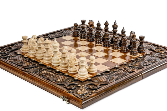 Ornamental bas-relief chess-backgammon classic