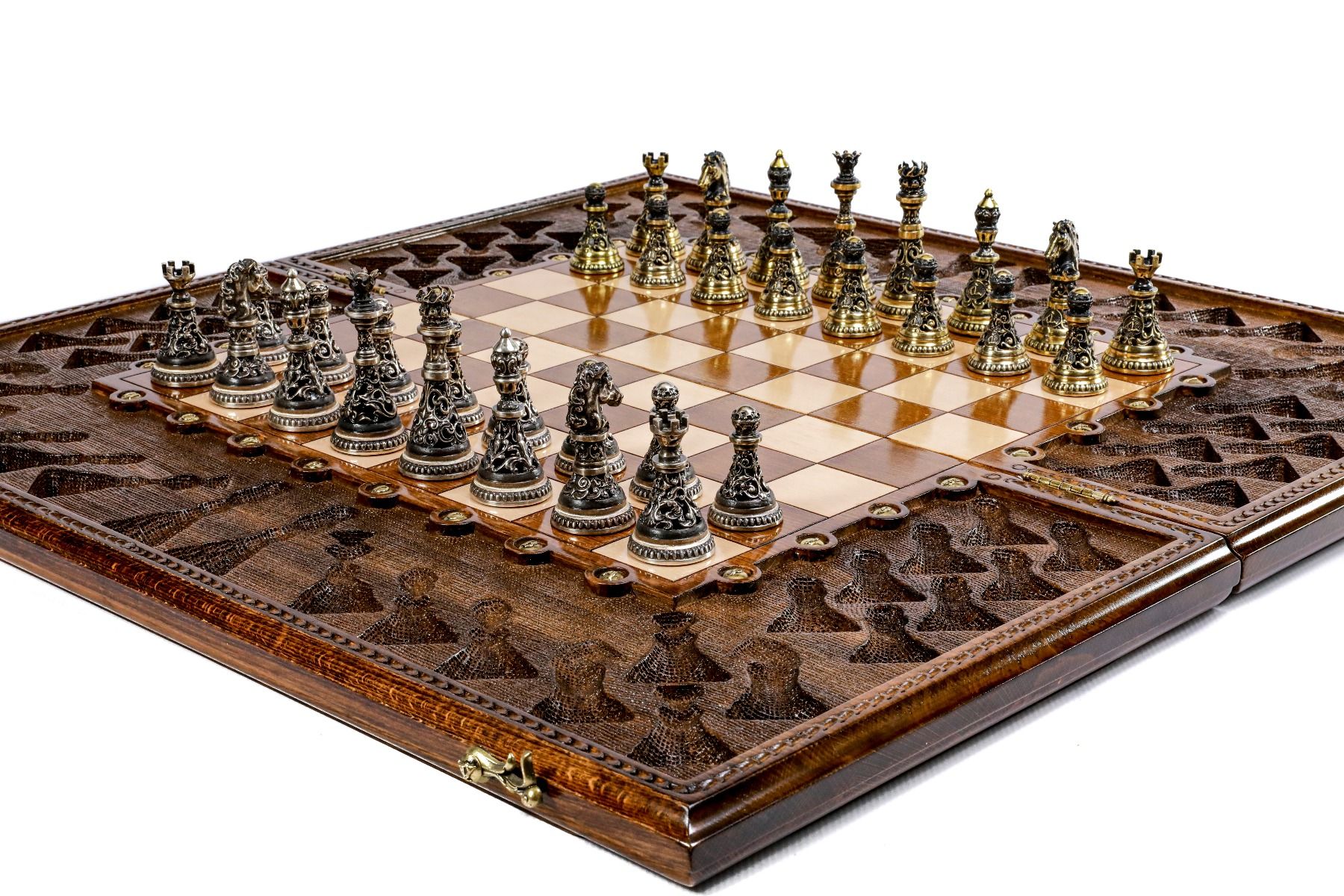 Handcrafted Armenian wooden chess board ornamental bronze sculpture style