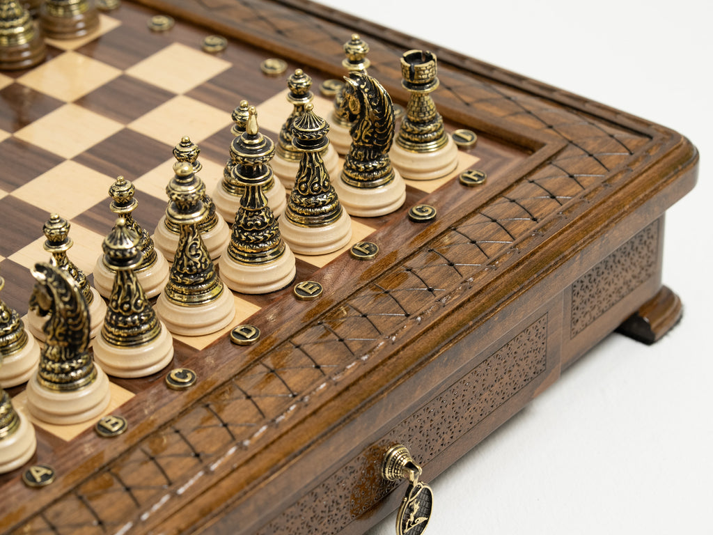 Handmade Chess Set with Storage & Bronze Pieces - Luxury Handcrafted Set - Unumperfectus