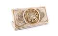 Armenian coat of arms backgammon set in white and gold, closed, arms in deep relief on a basket-weave lid, 23.6 inch / 60 cm