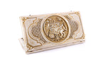 Armenian coat of arms backgammon set in white and gold, closed, arms in deep relief on a basket-weave lid, 23.6 inch / 60 cm