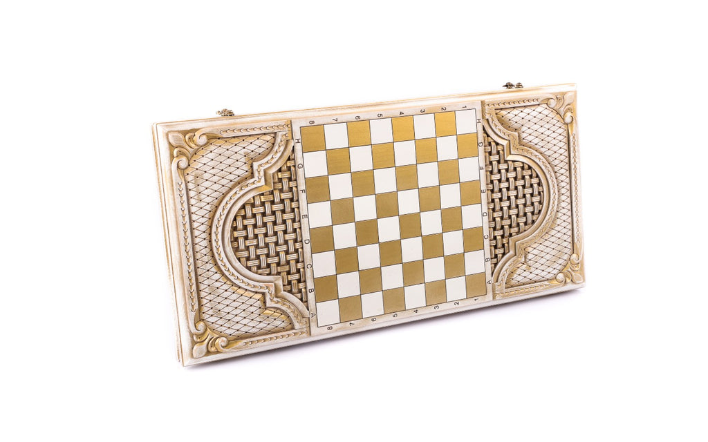 Back cover of the white and gold backgammon set: gold-and-white chequerboard framed by basket weave