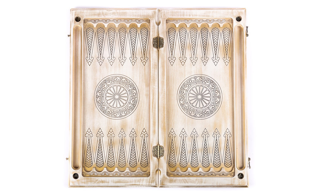 Open Armenian backgammon board 60 cm from above, fleur-de-lys points and wheel ornaments in white and gold