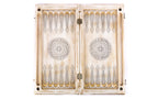 Open Armenian backgammon board 60 cm from above, fleur-de-lys points and wheel ornaments in white and gold