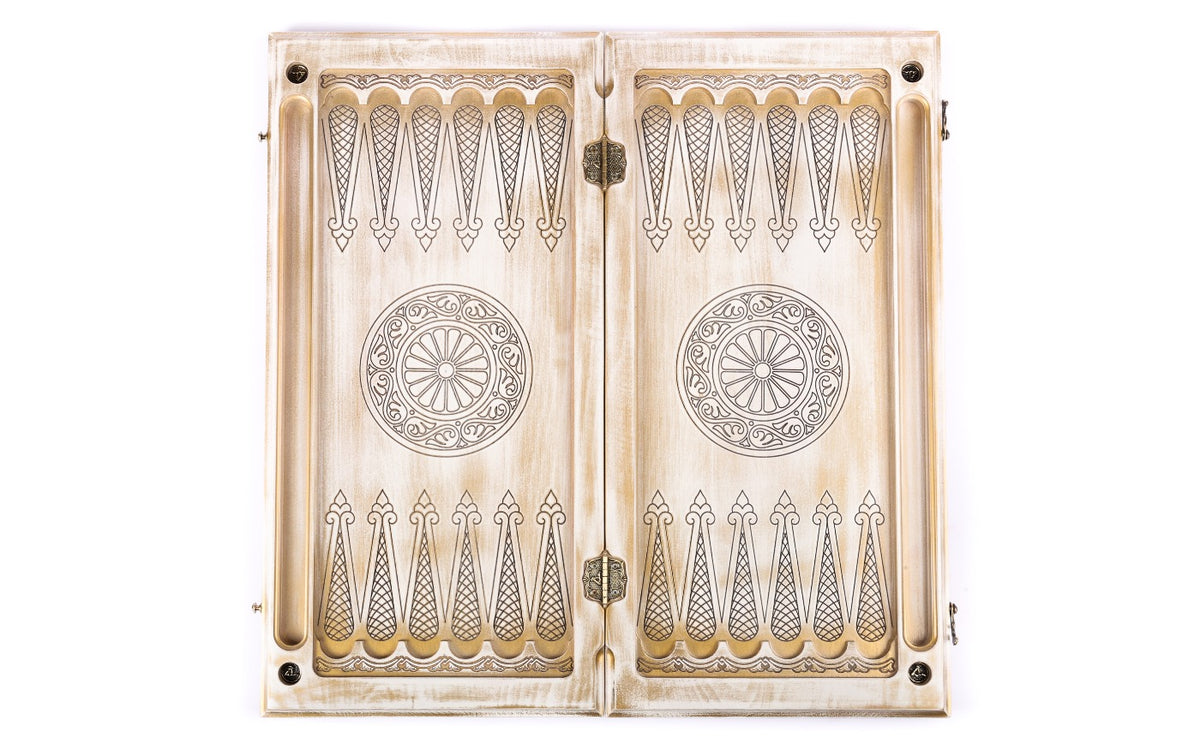 Open Armenian backgammon board 60 cm from above, fleur-de-lys points and wheel ornaments in white and gold