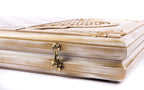 Closed white and gold backgammon board from the edge, cast-bronze clasp and layered lid