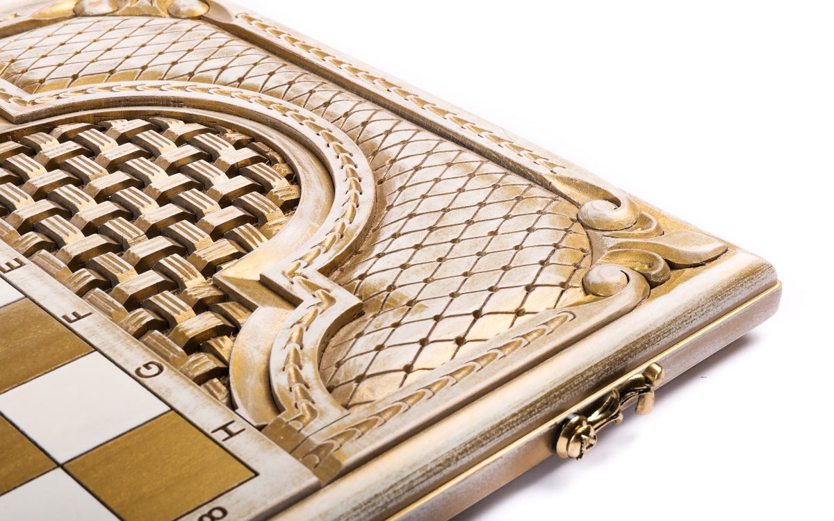 Basket-weave cartouche and lattice corner next to the gold chequerboard on the back cover