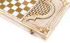 Gold-and-white chequerboard with the basket-weave cartouche and bronze clasp, angled view