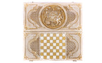 Front cover with the coat of arms above the back cover with the chequerboard, seen from above