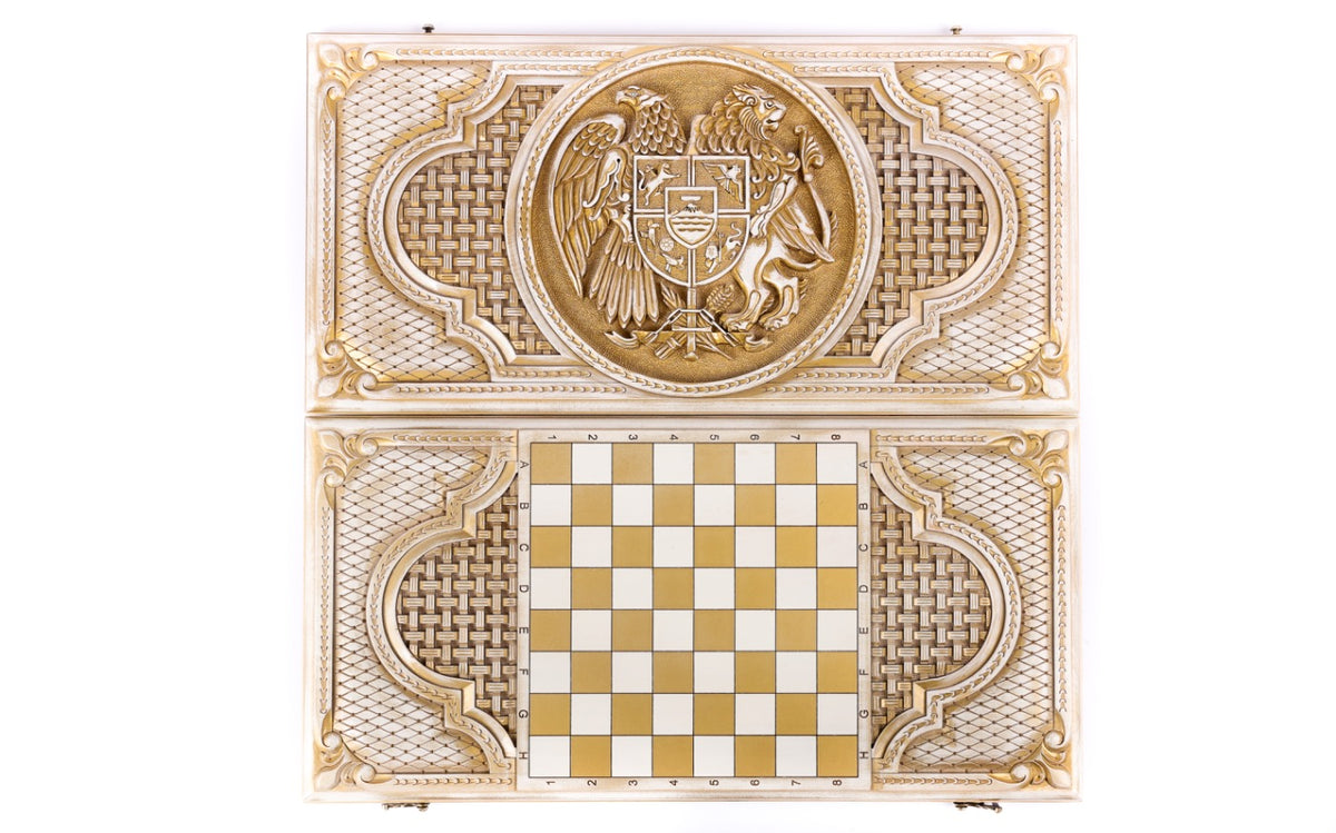 Front cover with the coat of arms above the back cover with the chequerboard, seen from above