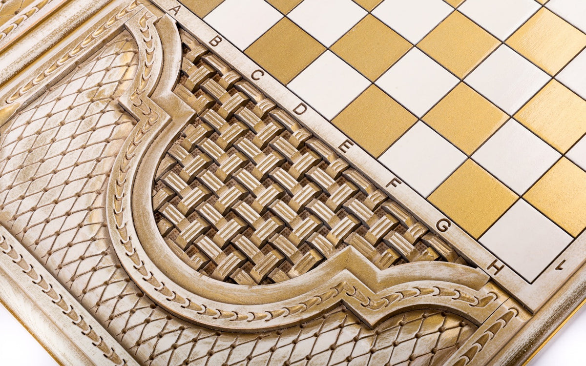 Corner of the back cover: lattice, basket weave and the lettered edge of the chequerboard