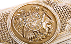 Close-up of the coat of arms: eagle and lion holding the shield with Ararat, carved in deep relief and aged with gold