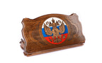 Luxury Russian coat of arms walnut backgammon set closed, double-headed eagle on a tricolour epoxy roundel, 60 cm