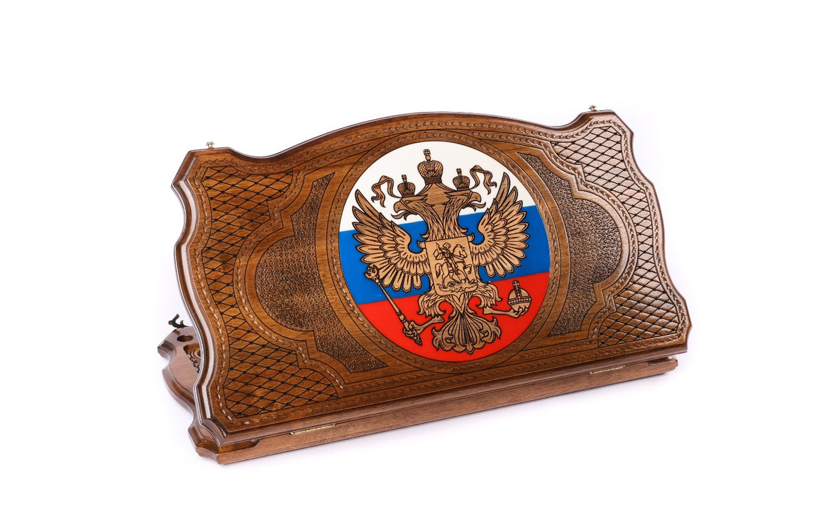 Luxury Russian coat of arms walnut backgammon set closed, double-headed eagle on a tricolour epoxy roundel, 60 cm