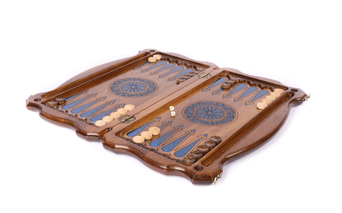 Walnut backgammon board opened flat, blue epoxy points and wheel ornaments on each half