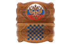 Front cover with the eagle roundel above the back cover with the blue chequerboard, seen from above