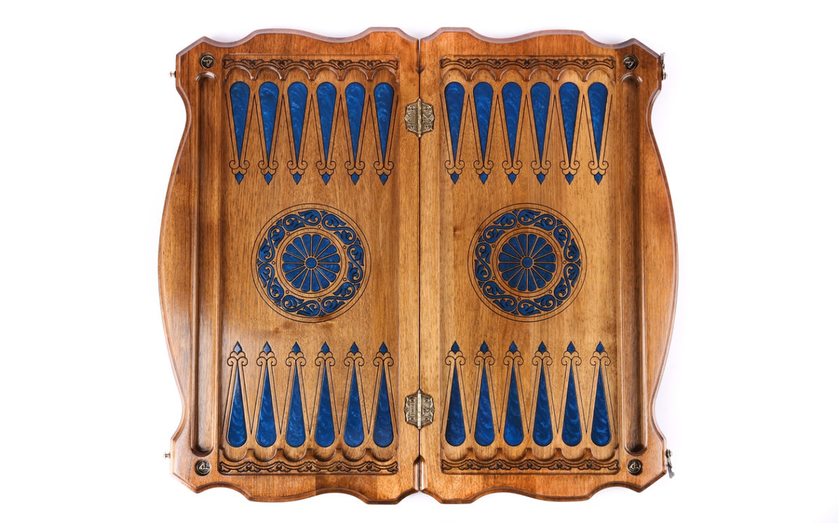 Open walnut backgammon board 60 cm from above: blue epoxy points and blue wheel ornaments