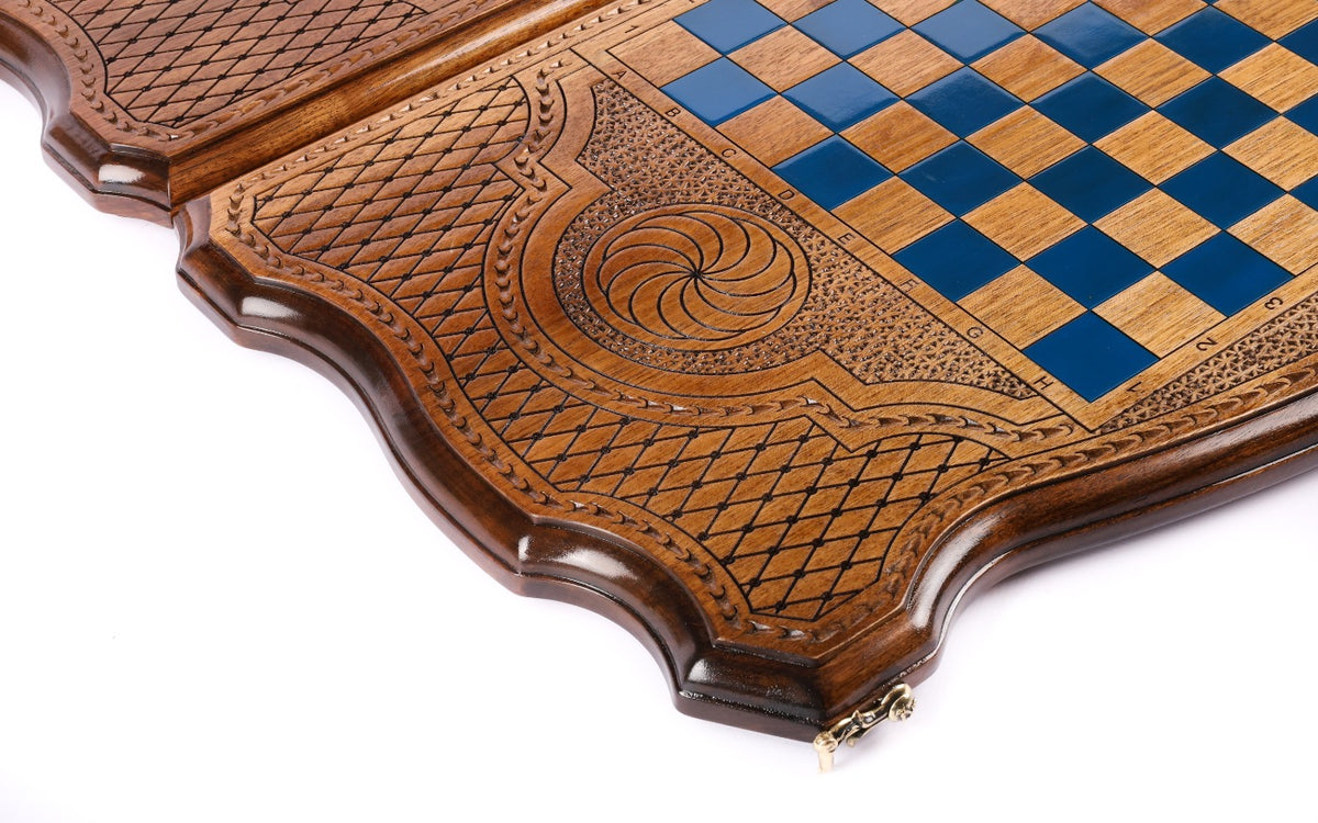Corner of the back cover: blue epoxy chequerboard, eternity whirl and lattice on the contour edge