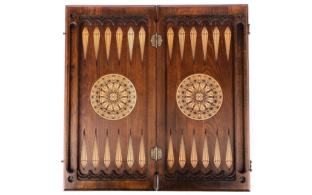 Open luxury backgammon board 60 cm from above, pale points and star-lattice rosettes
