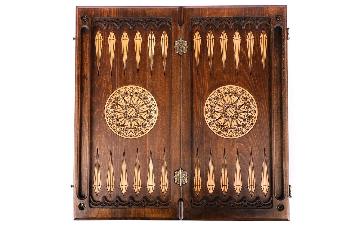 Open luxury backgammon board 60 cm from above, pale points and star-lattice rosettes