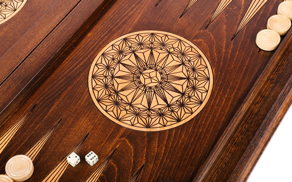 Star-lattice rosette with two dice on the dark field of the open backgammon board