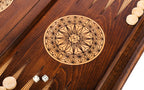 Star-lattice rosette with two dice on the dark field of the open backgammon board