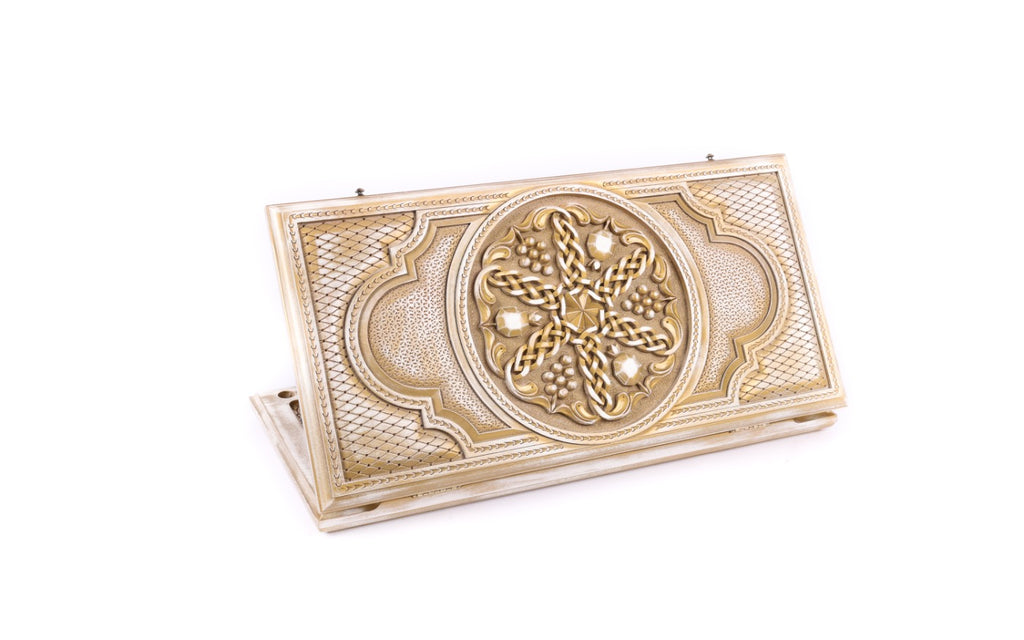 Pomegranates and grapes Armenian backgammon set in white and gold, closed, fruit in deep relief on the lid, 23.6 inch / 60 cm