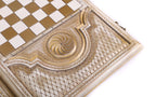 Gold chequerboard on the back cover with the eternity whirl cartouche and bronze clasp