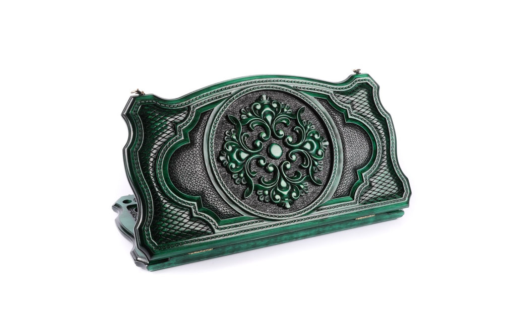 Green Armenian ornament backgammon set closed, scroll ornament in high relief on a scalloped contour lid, 23.6 inch / 60 cm
