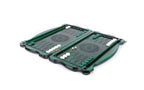 Green backgammon set open with white and green checkers and dice on the 60 cm board, angled view