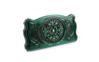 Green ornament backgammon set closed, front view of the round scroll ornament and lattice cartouche