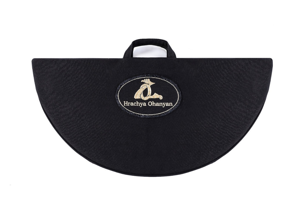 Front of the branded semicircle carrying bag with handle, included with the round chess set