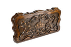 Rococo crown backgammon set closed, front view of the carved lid with scalloped contour edge