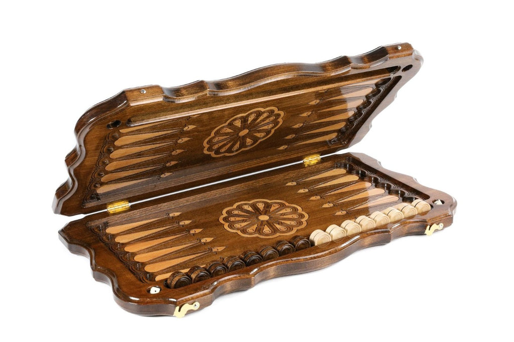 Rococo crown backgammon set half open showing the pale points and wheel ornaments
