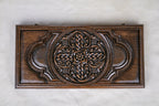 Top view of the closed board: braided cross medallion, fine lattice and lobed cartouches, 60 cm